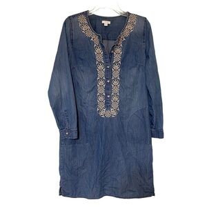 J Jill Chambray Embroidered Long Sleeve Western Boho Dress Sz Small